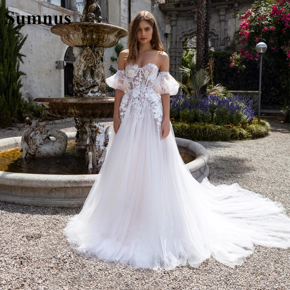 

Sumnus Boho Wedding Dress Sweetheart Detachable Puffy Sleeve A-Line Lace Appliques Princess Bride Dress Wedding Gowns