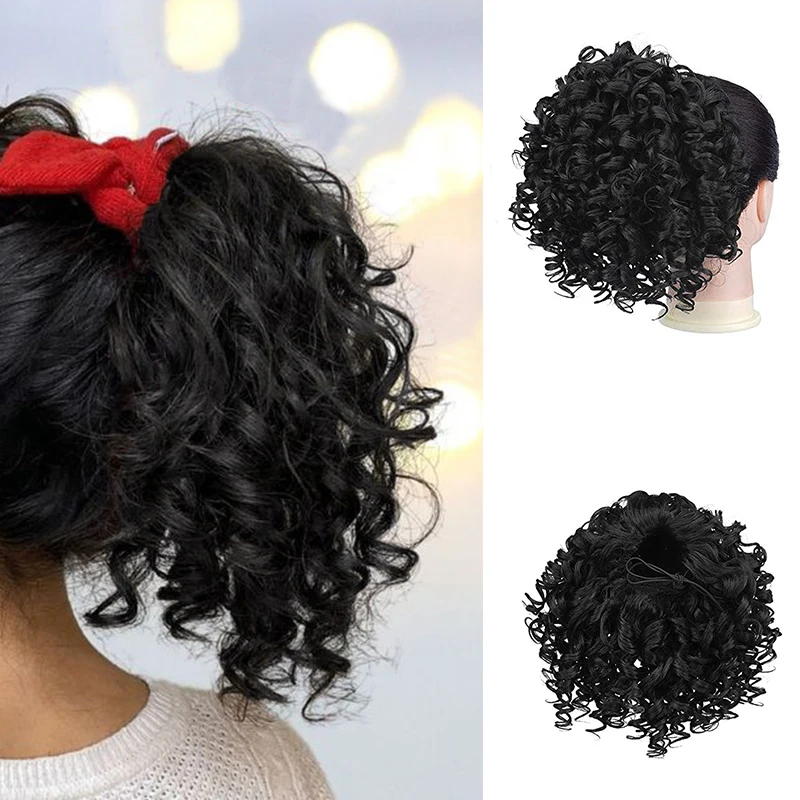 Synthetic Rope Deep Wave Ponytail Women's Short Curly Ponytail Pull Rope Ponytail Children's 6-inch Black Curly Ponytail