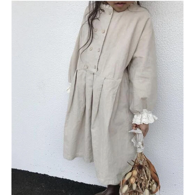 

Korean New Baby Girls Autumn Dress Lace Embroidery Princess Kids Linen Cotton Dress Vintage Texture Children Casual Beach Dress