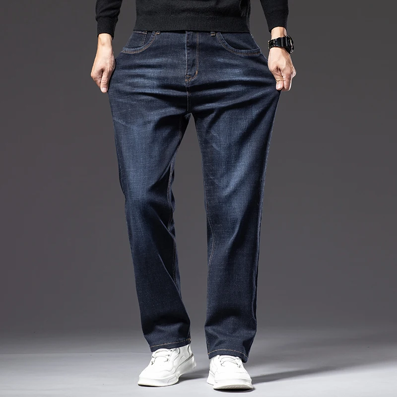 Autumn Men's Dark Blue Straight-leg Brand Jeans Classic Style Business Casual Cotton Stretch Denim Pants Male Plus Size 40 42 44