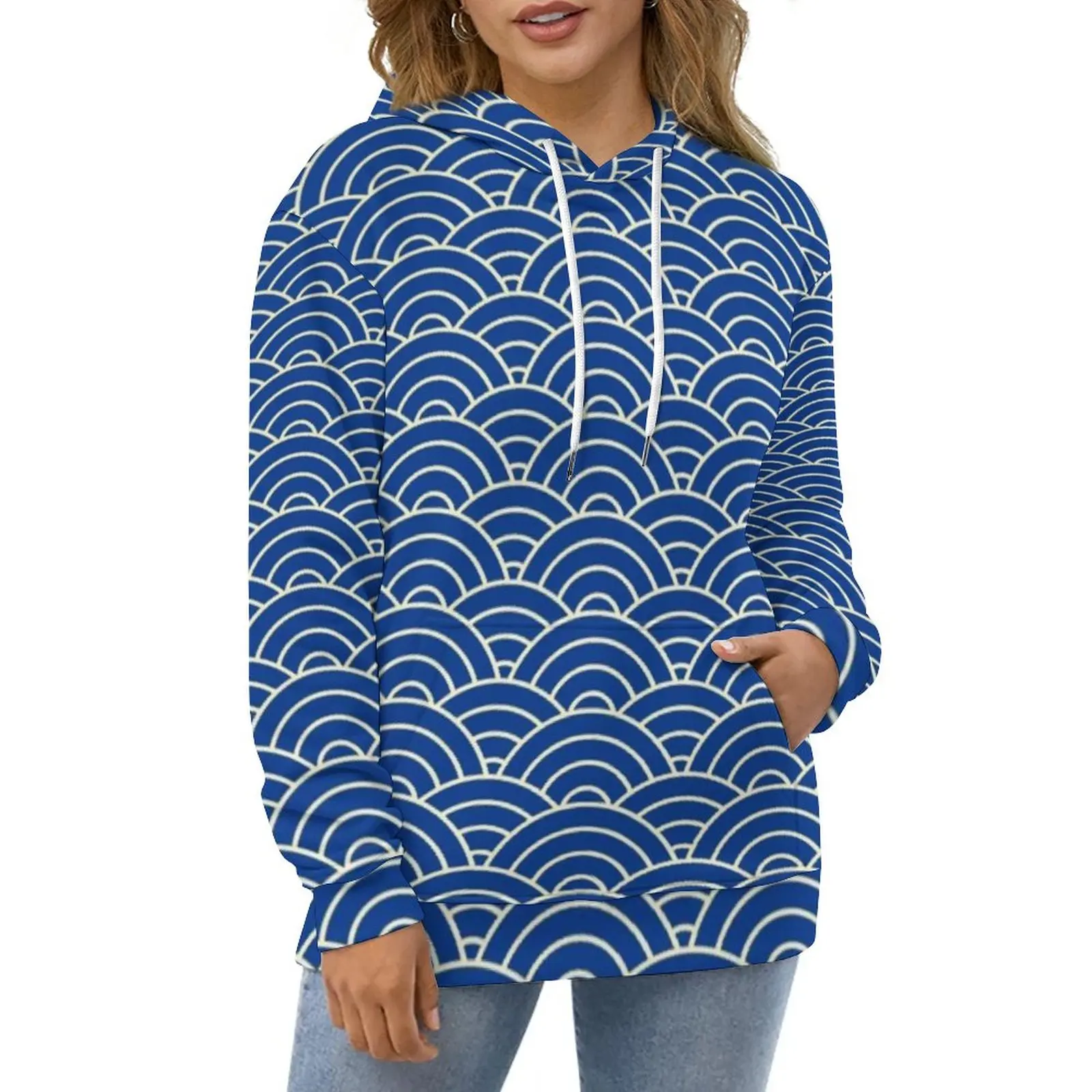 

Blue Seigaiha Print Casual Hoodies Japanese Waves Cute Hoodie Unisex Long Sleeve Oversized Harajuku Design Loose Tops