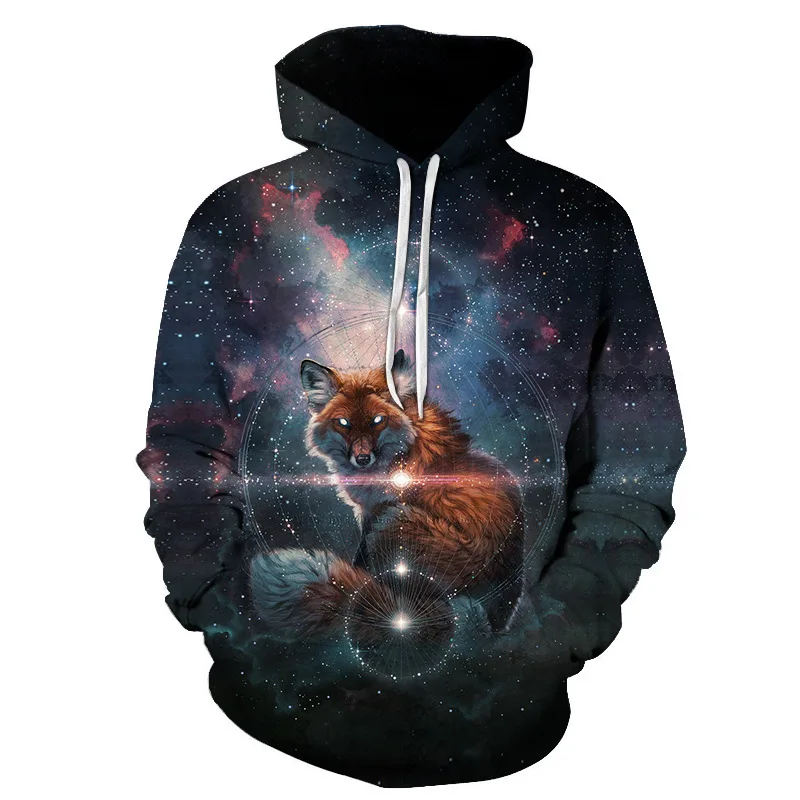 

New 3D Print Fox Galaxy Women/Men Sweatshirt Hoodies Stars Front Pocket Loose Hooded Hoodie Long Sleeve Unisex clothing Outwear