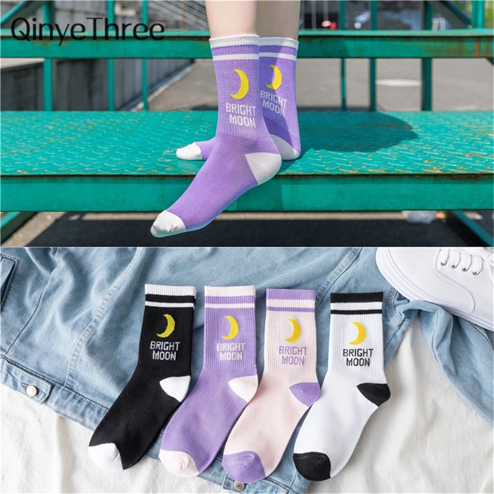 

INS Unisex Bright Moon Socks Korean Harajuku Funny Letter Socks Hip Hop Skateboard Crew Sokken Hipster Happy summer sox