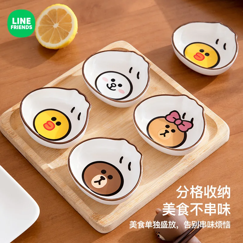 Kawaii LINE FRIENDS Anime Brown Sally Cony Choco Household Kitchen Ceramic Hot Pot Soy Sauce Seasoning Dipping Plate Small Plate