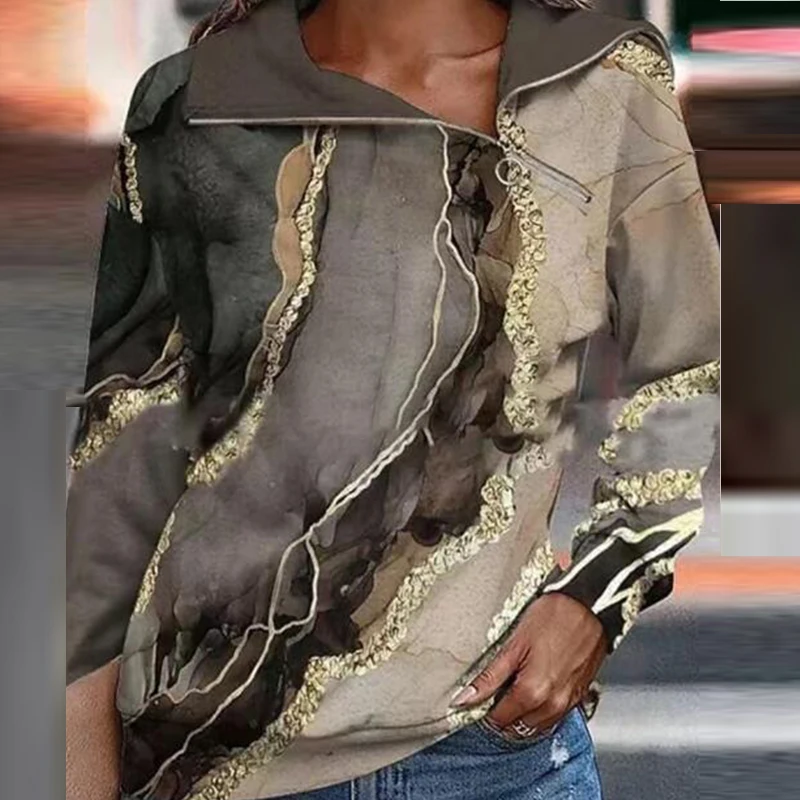 

Vintage Pattern Print Loose Zip Blouse Women Spring Fashion Long Sleeve Commuter Pullover Office Spring 2023 Lady Tops Blusa
