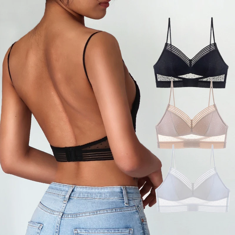 

Sexy Low Back Bralette Polka Dot Mesh Ultra Thin Underwear Women U Backless Invisible Lace Bra Ladies Lingerie Tank Top Bras