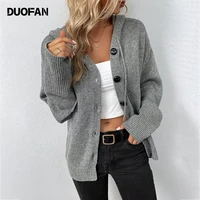 duofan solid color hoooded single breasted sweater autumn and winter new drawstring vintage casual knitted cardigan jacket women