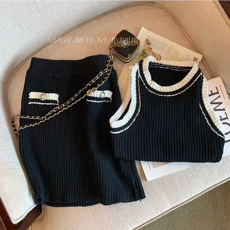 Knitted Two Piece Sets Sexy Elegant Bodycon Women Mini Skirt Suits Tank Top Slim O-neck Summer Vest Korean Casual Knitwear N415