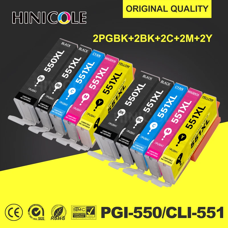 

Hinicole For Canon Ink Cartridges PGI-550 Bk CLI-551 BK CLI-551C CLI-551M CLI-551Y PIXMA iP8750 MG6350 MG7150 MG7550 Printer