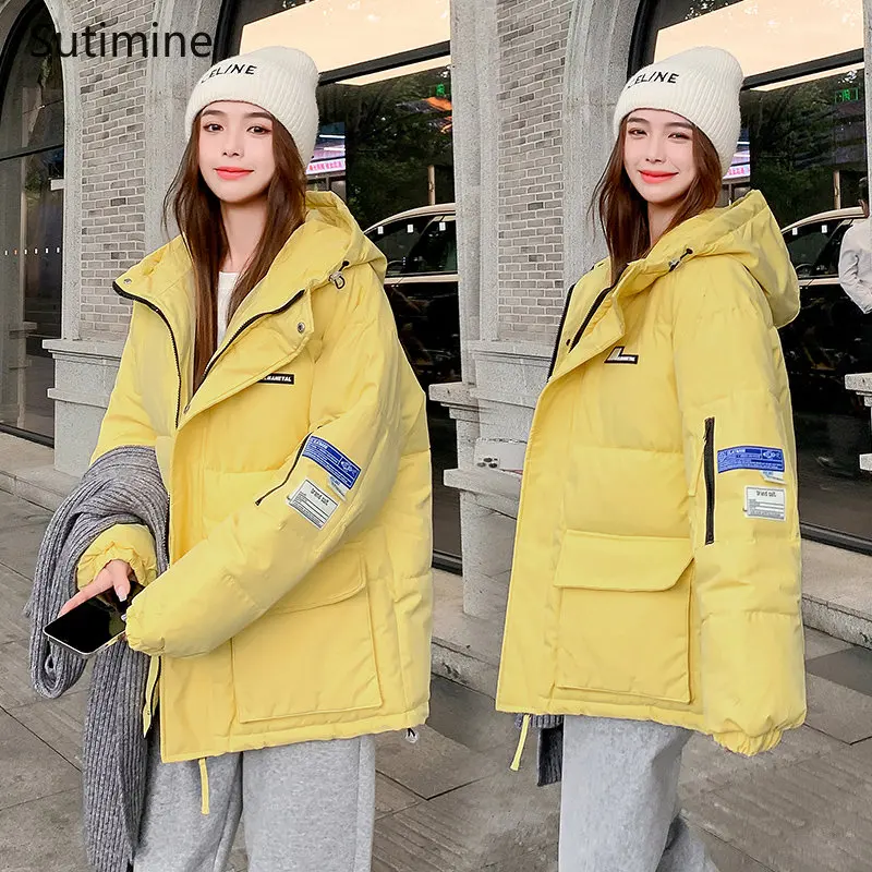 College Style Short Hooded Korean Version Loose Thickened Cotton Padded Jacket Office Lady Black Winter Coat for Women