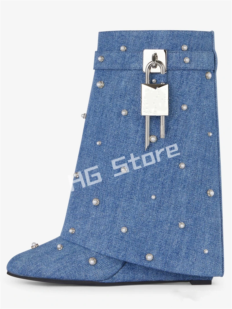 Women Wedge Fold Pointed Toe Boots Shark Lock Zipper Denim Cloth Casual High Heels Metal Decor Fashion Rivet Large Size 43