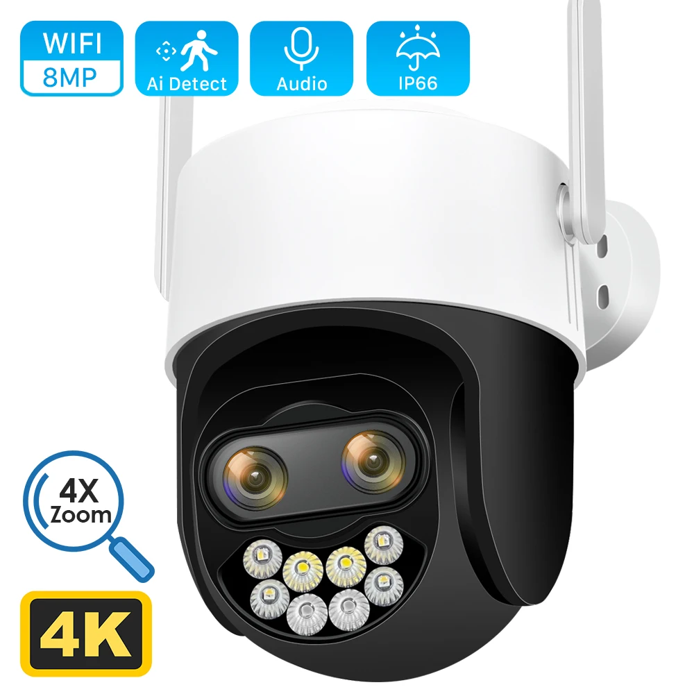 

4K 8MP 2.8+12mm Dual Lens PTZ WiFi Camera 8X Digital Zoom Color Night Vision Human Detection IP Camera CCTV Video Surveillance