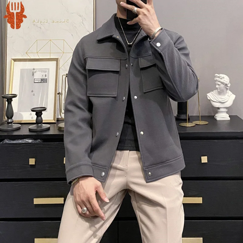 

Autumn Winter Wool Men's Jackets Korean Style Casual Slim Lapel Big Pocket Jacket Solid Color Social Coat Jaqueta Masculina 2023