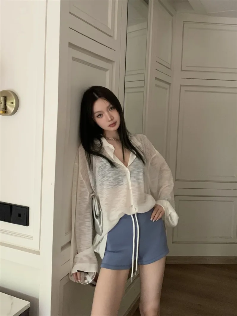 Hong Kong Flavor New Thin Polo Collar Button Knitted Sun Protection Shirt + Gyaru Drawstring Sports Leggings