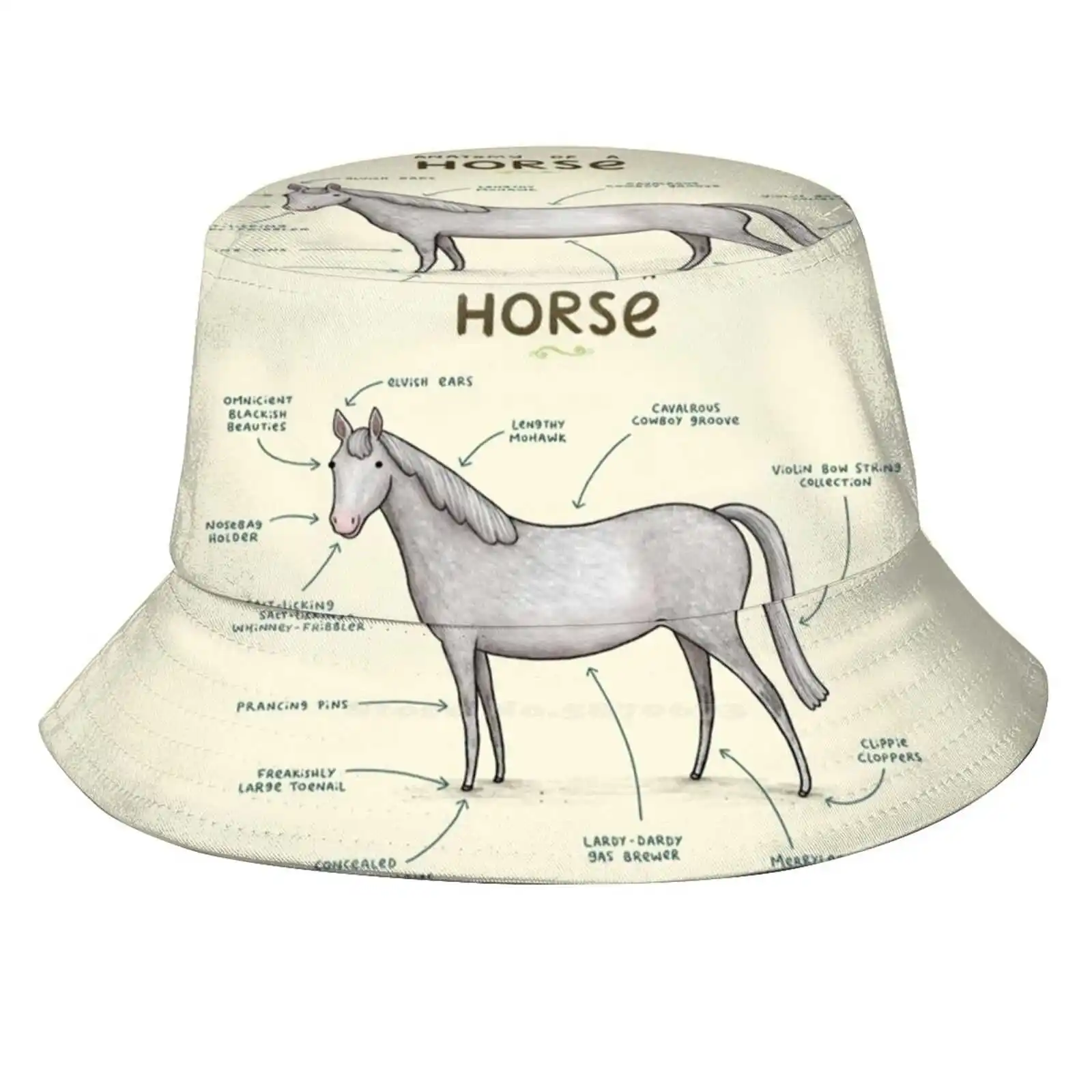 

Anatomy Of A Horse Print Bucket Hats Sun Cap Funny Comedy Humour Humor Silly Animals Adorable Cute Kawaii Joke Puns Meme