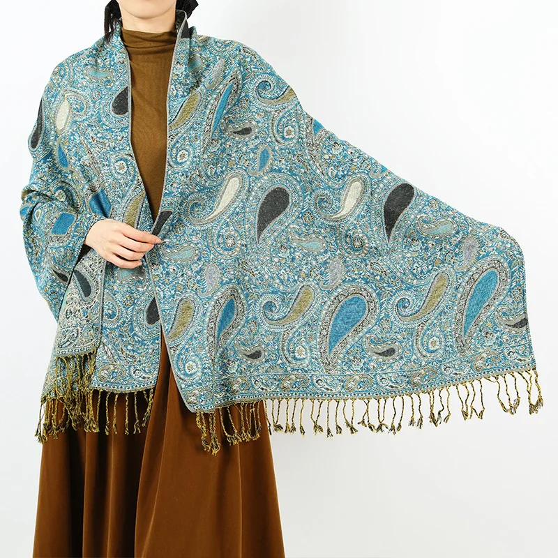 Жаккардовый шарф в стиле бохе с узором пейсли осень-зима теплая пашмина