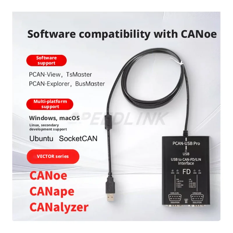Фото USB-адаптер PCN-USB Pro 8/12/16 Мбит/с для CAN-шин, 2-канальный, совместимый с PEAK IPEH-004061, поддерживает Vector CANoe №1