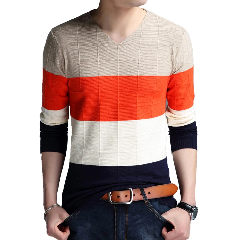 

2022 Brand-sweater Autumn Men's Long Sleeve T-shirt New V-neck Slim Sweaters Knitted Striped Bottom Shirt Large Size M-4XL