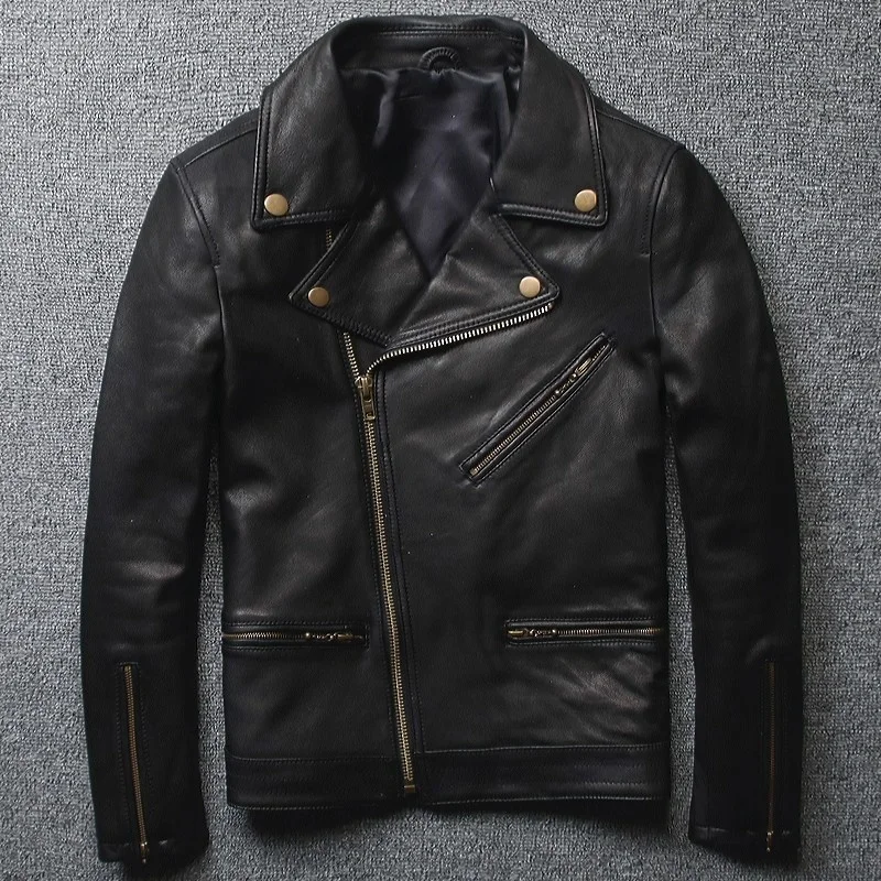 

Punk-style punk jacket with legitimate leather 100%, slim jacket with collar, lambskin, motorcycle, short jacket with street