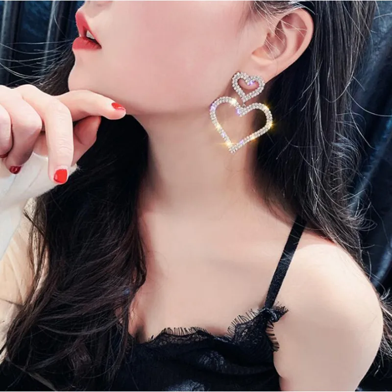 

Double Big Heart Pearl Crystal Earrings For Women Luxury Rhinestone Crystal Simple Korean Statement Wedding Earring Jewelry