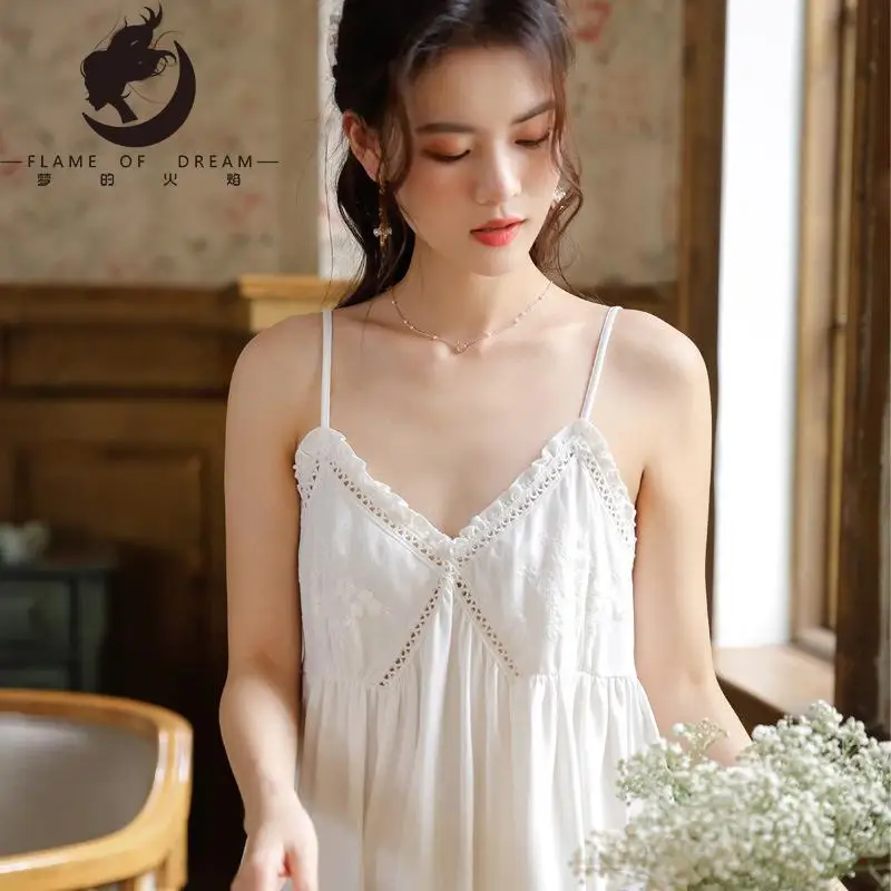 Flame of dream Suspender Nightdress Female Summer Cotton Court Style Sexy Lace Princess Robe Loose Embroidered  Nightwear 221521