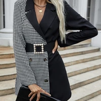 casual spring autumn blazers women black white plaid spliced blazer long sleeve double breasted notched office lady suit jacket