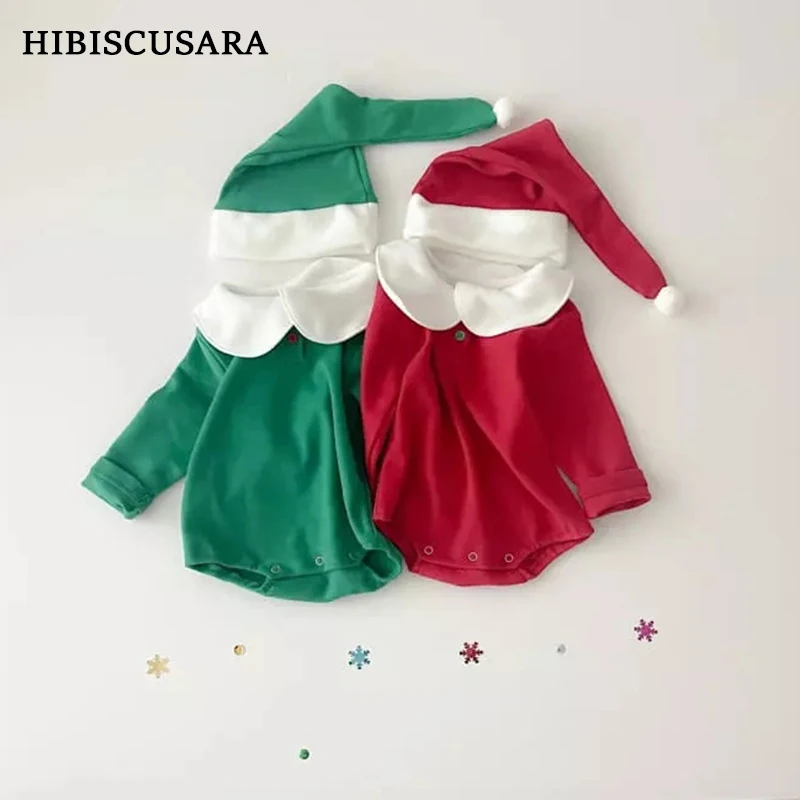 Christmas Baby Clothing Red Green Solid Color Romper Hat 2pcs Sets Infant Boy Girl Festival Xmas Clothes New Year Jumpsuit