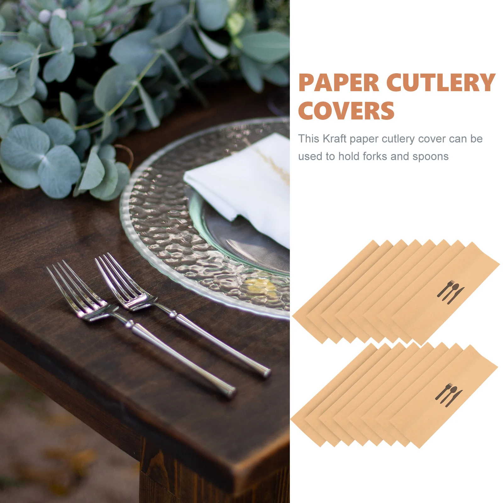 100pcs Kraft Paper Cutlery Set Disposable Fork Cover Rack Hotel Bags Tableware Utensil Dinner Party