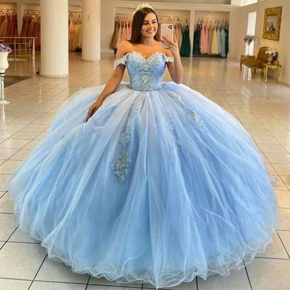 

GUXQD Light Blue Ball Gown Quinceanera Dresses Sweetheart Appliques Beading Vestido De 15 Anos Masquerade Birthday Party Gowns