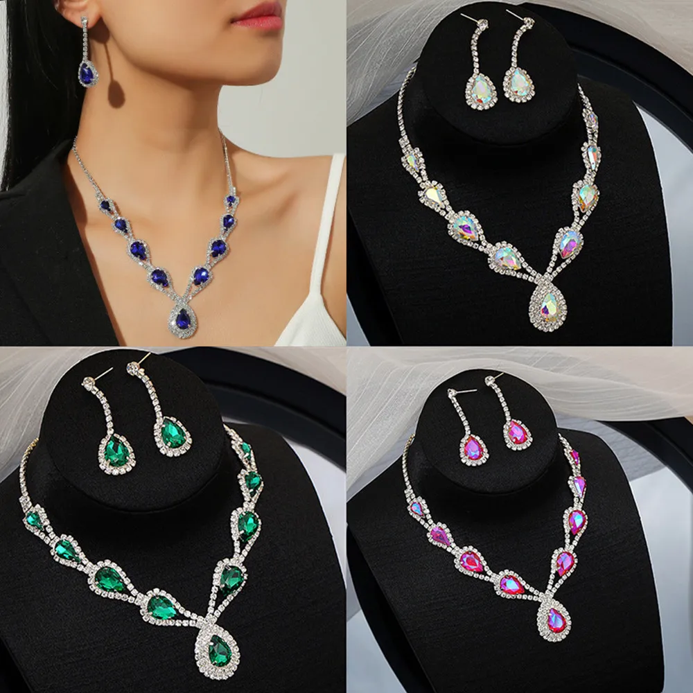 

New 5 Color Crystal Big Water Drop Pendant Wedding Earrings Necklace Set Women's Rhinestone Bride Jewelry Set Dress Gift