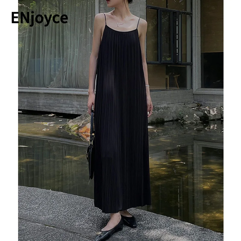 

Элегантное клетчатое платье на бретельках без рукавов, женское простое драпированное платье в Корейском стиле, праздничное длинное женско...