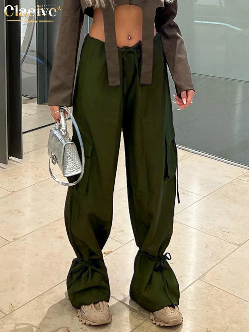 

Clacive уличная одежда зеленые женские брюки 2022 модные прямые брюки с эластичным поясом женские повседневные полноразмерные брюки со шнуровко...