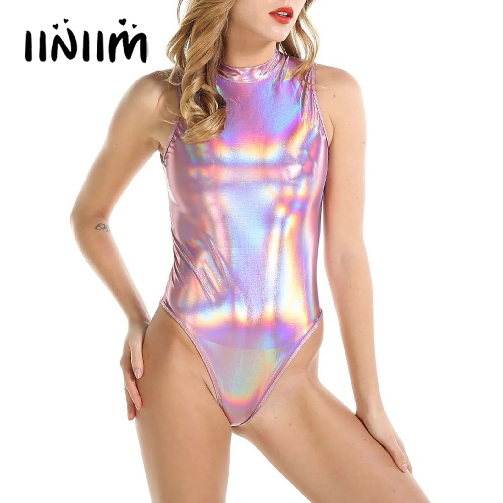 

Womens Shiny Metallic Lingerie Bodysuit Fabric Mock Neck Sleeveless Back Zipper Closure Jumpsuit Gymnastic Leotard Rave Clubwear