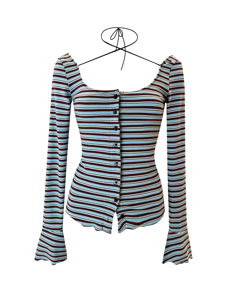 

Autumn Women Korean Fashion Vintage Striped Cardigan Tops Design T-Shirts Long Sleeve Tees Aesthetic 2000s Streetwear Y2k Kpop