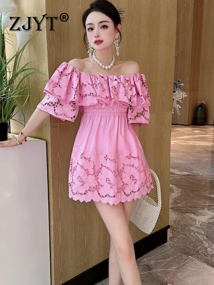 

ZJYT Summer Holiday Beach Mini Dresses for Women 2023 Designer Slash Neck Hollow Out Embroidery Vestidos Party Pink Blue Robes