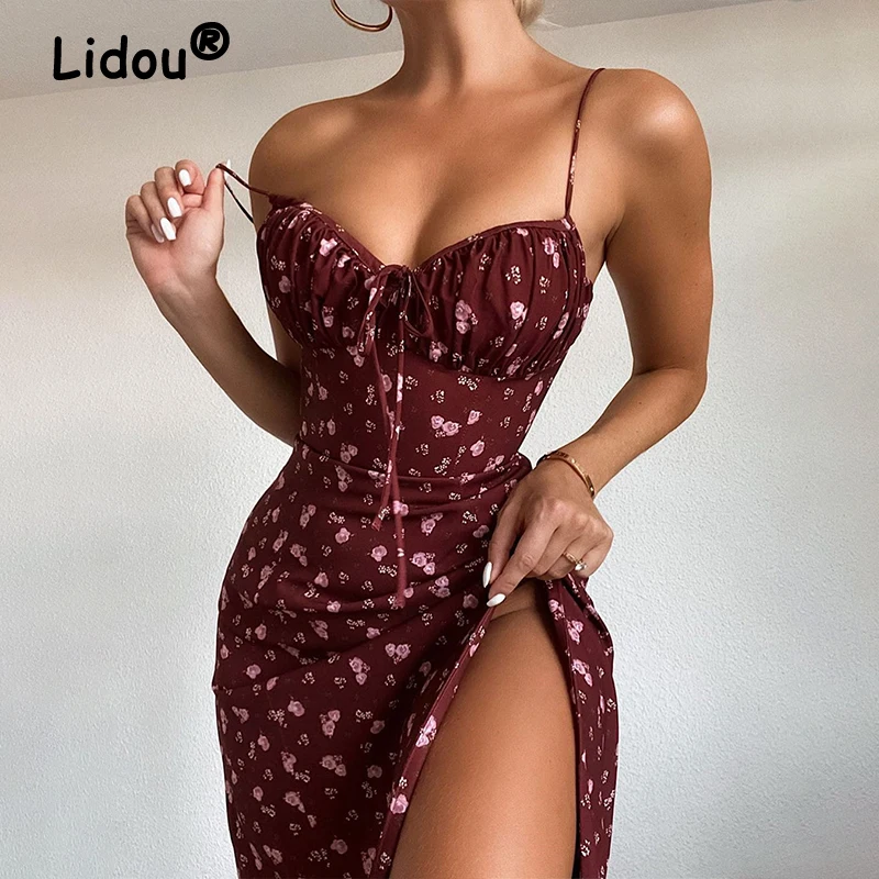 

Backless Evening Party Sexy Deep V-neck Floral Printing Sleeveless Slit Slip Dress Club Elastic Waist Summer Women's Clothin
