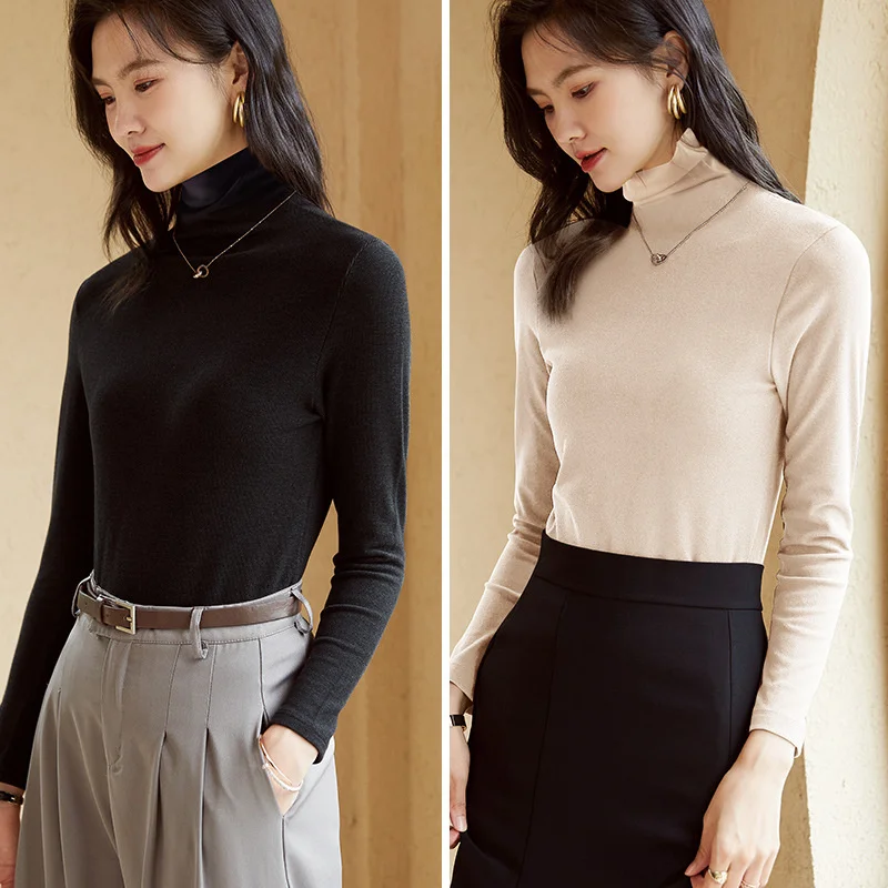 De Rong High Neck Undercoat for Women in Autumn and Winter, New Year's New Style, Hot, Fleece, Thickened, Warm Long Sleeve Top