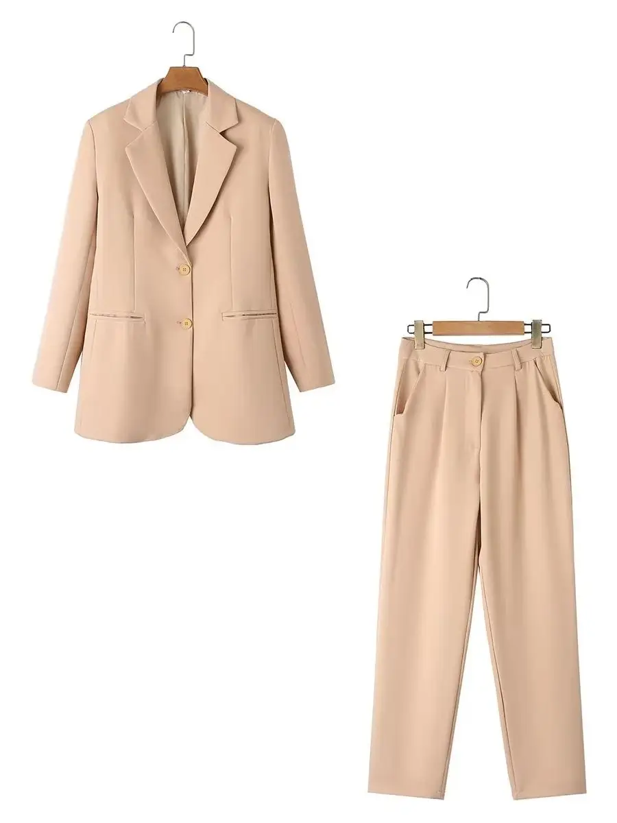 

XNWMNZ женский модный 2023 блейзер с отложным воротником с длинным рукавом или брюки с высокой талией на молнии офисный женский шикарный комплект из двух предметов
