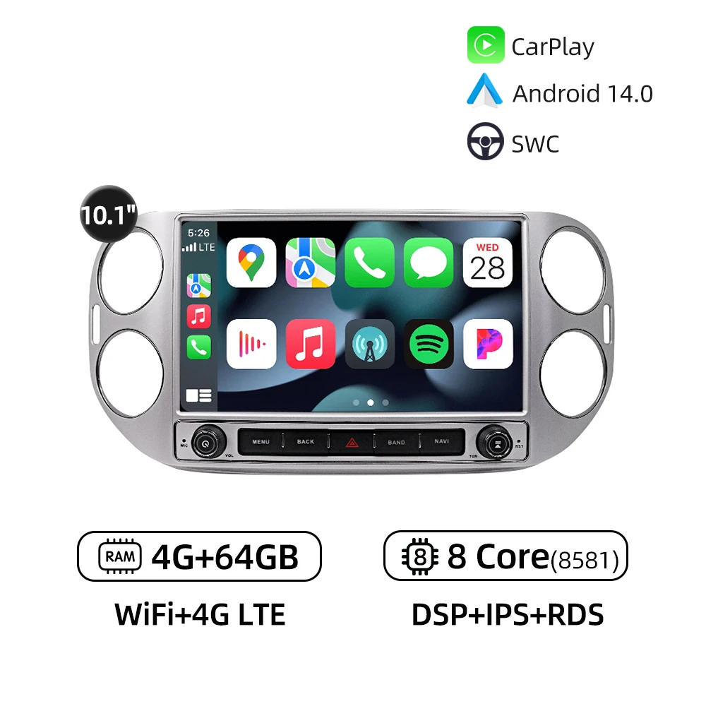 

10,1 ''CarPlay Android 14.0 автомобильный мультимедийный плеер GPS-навигация 4G WiFi Bluetooth RDS автомобильный радиоприемник для Volkswagen Tiguan 2012-2017