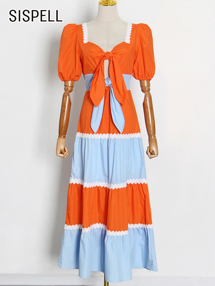 

SISPELL Colorblock Stripe Dress For Women Square Collar Puff Short Sleeve Patchwork Bowknot Clothing Female 2022 Summer New