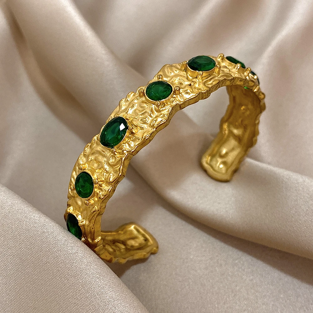 Винтажный браслет-манжета из нержавеющей стали с зеленым цирконием массивные