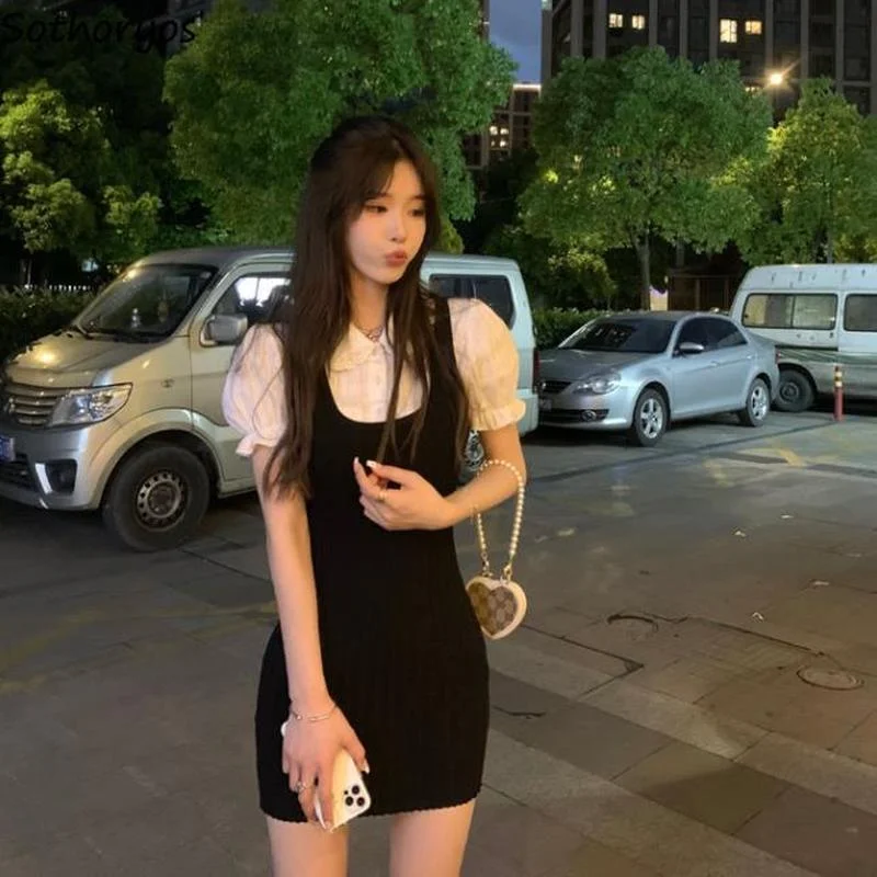 

Dresses Women Summer Vintage Chic Lady Causal Fake Two Piece Simple A-line Elegant Slim Mini Party Wear Korean Style All-match