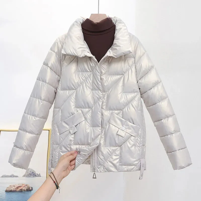 Women Jacket 2022 New Winter Parkas Female Glossy Down Cotton Jackets Stand Collar Casual Warm Parka Short Coat Outwear