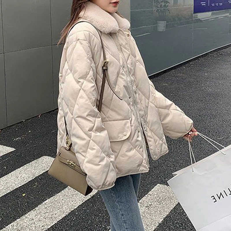 2022 Winter Stitching Woolen Collar Cotton Jacket Loose Fashion Rhombus Women's Warm Parka All-match Women Thickened Outerwear