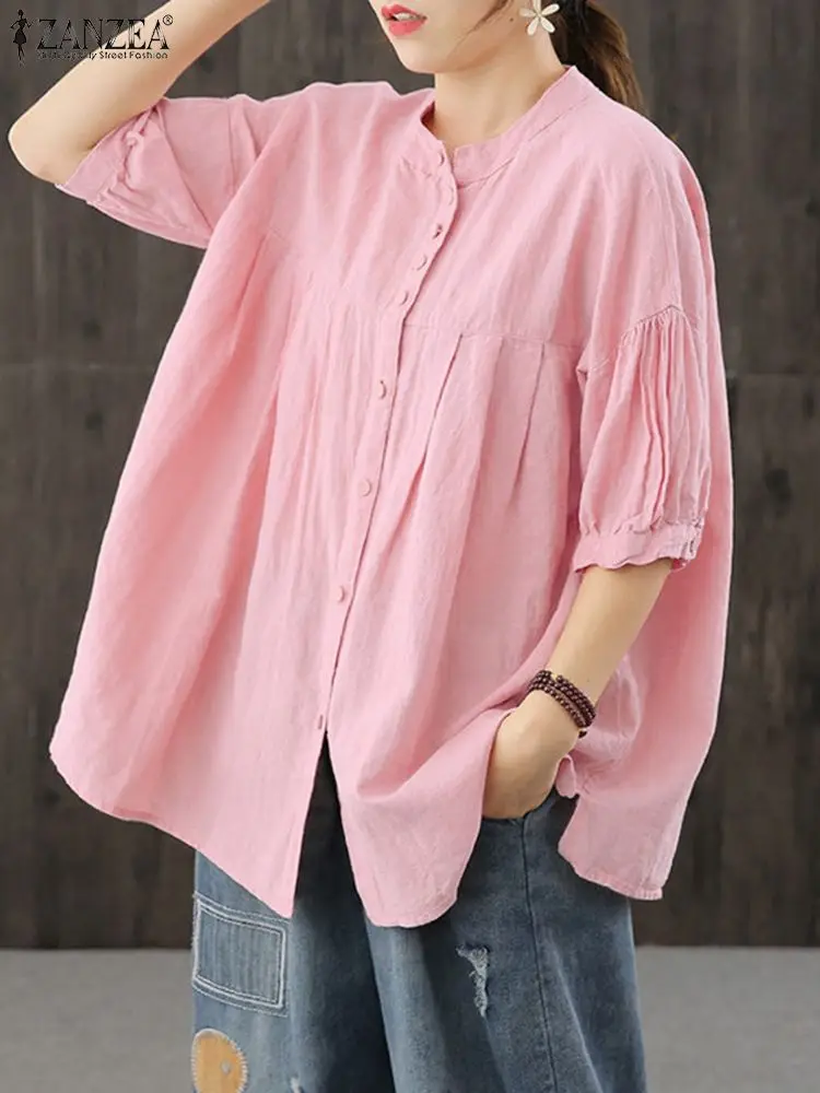 

2022 Модные женские рубашки ZANZEA 2022 Весенняя хлопковая Свободная блузка с круглым вырезом повседневные однотонные топы с рукавом 3/4 Туника жен...