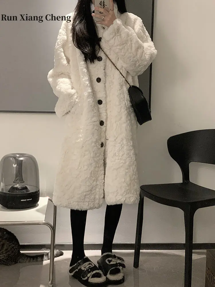 Winter Women's Overcoat 2023 Imitation Rabbit Plush Oversize Korean Fashion Button Designer Medium Length Loose Standing Collar