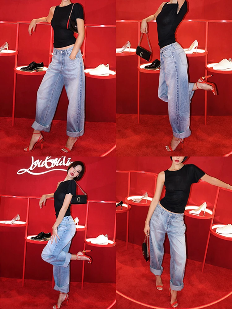 Брюки Vanessalab на все сезоны свободные прямые брюки длинные джинсовые синие пряные