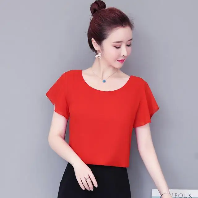 

New Fashion Style Chiffon Blouses Women Casual Summer Thin Short Sleeve O-Neck Loose Blouse Woman Ladies Tops Clothing 2023 C14