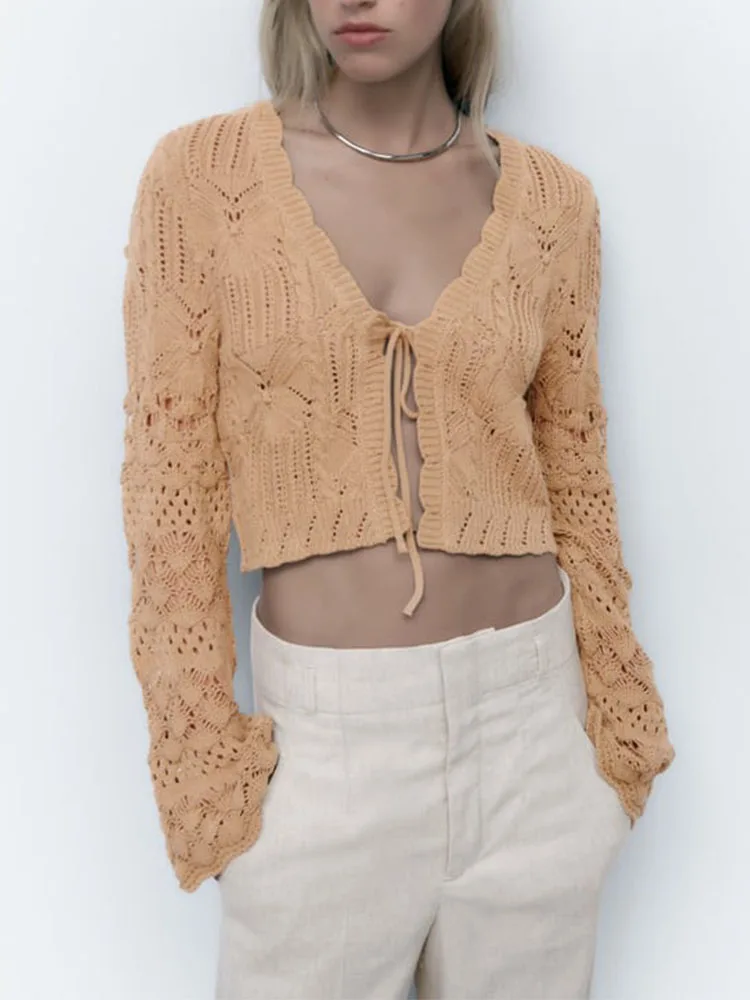 

Женский трикотажный кардиган с бантом, V-образным вырезом и длинным рукавом