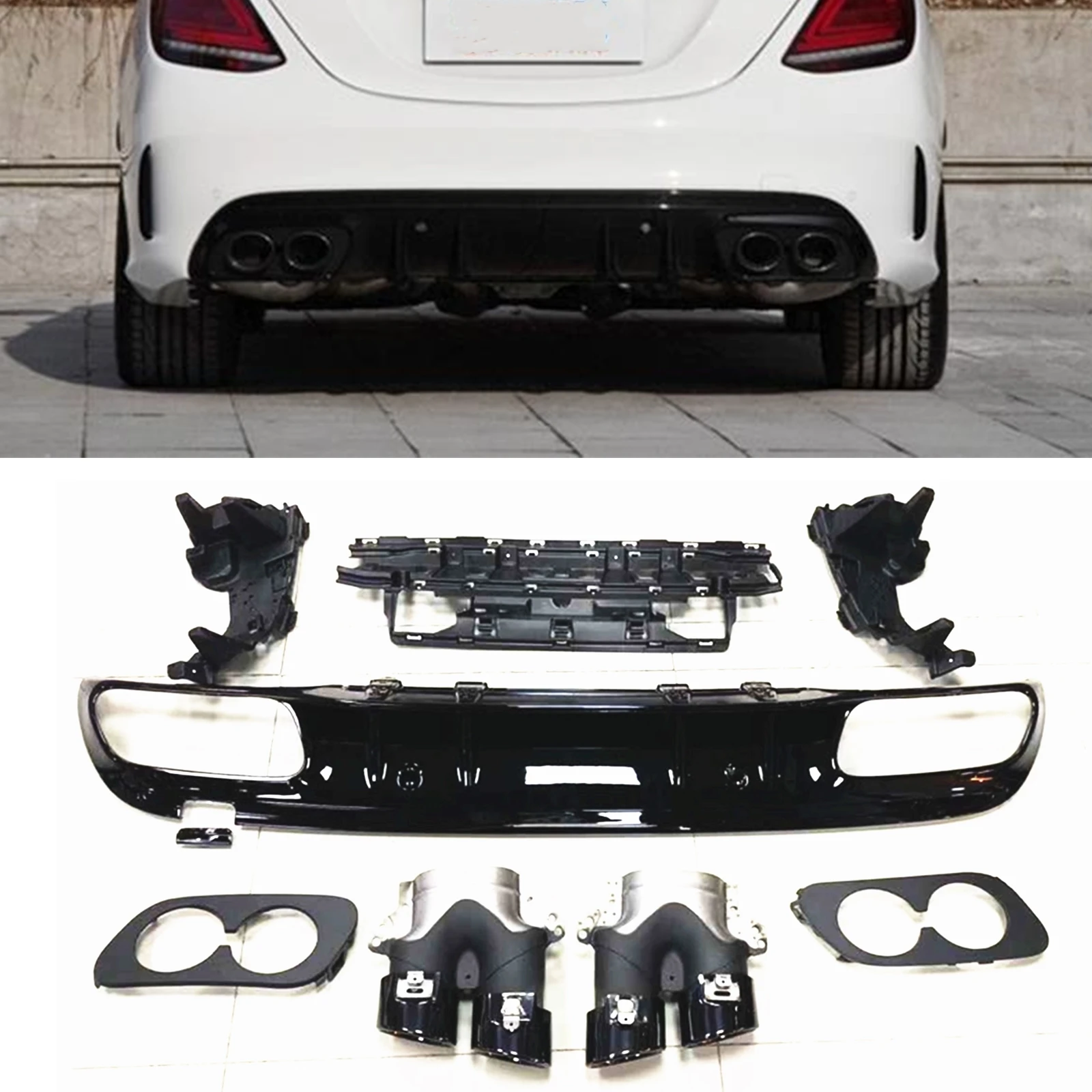 

C43 Style Body Kit For Mercedes-Benz W205 C Class AMG Sedan 4 Door 2015-2021 Rear Bumper Diffuser Lip+Black Exhaust Muffler Pipe